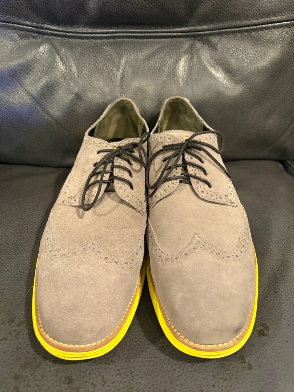 Cole Haan Grey Suede Wingtip Oxford with Yellow Sole